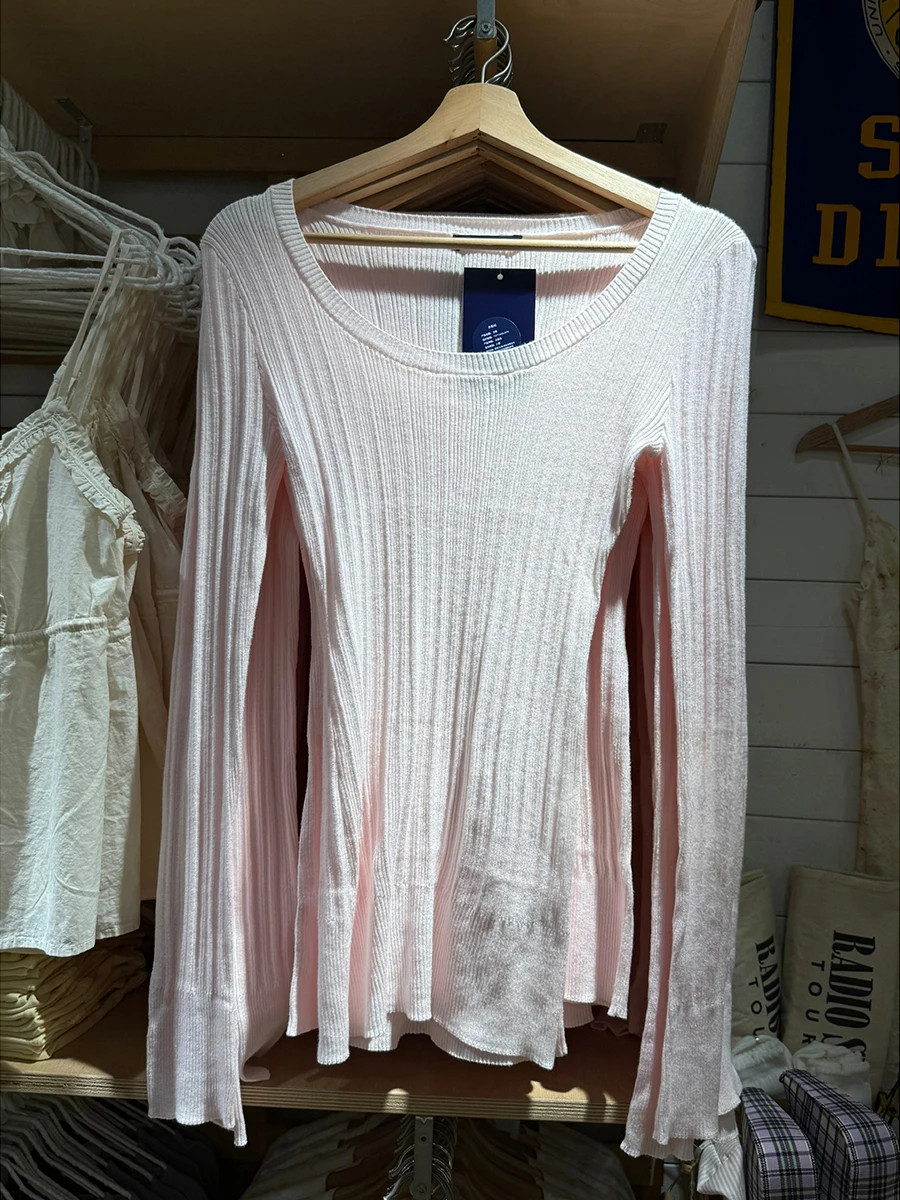 Camisetas ajustadas de manga larga de punto rosa para mujer, camiseta suave de algodón con cuello en U a la moda, camiseta informal de estilo Preppy Y2K