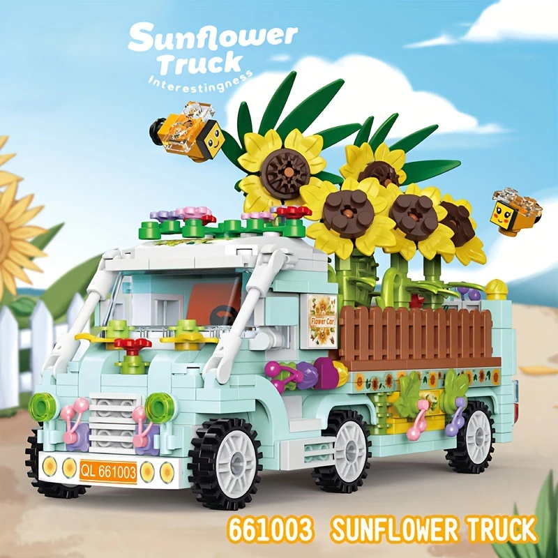 Sunflower Car Ice Cream Pizza Car Flower Tricycle Building Blocks Mini Particle Car Model Bricks Kids DIY Educational Toy Gifts