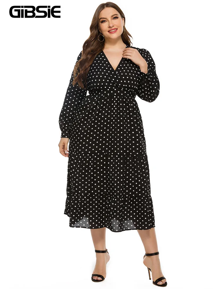 GIBSIE Polka Dot V Neck Ruffle Hem Dress Plus Size xxxl 4xl 5xl Autumn Women Black Chiffon Long Sleeve Elegant Dresses 2024 New