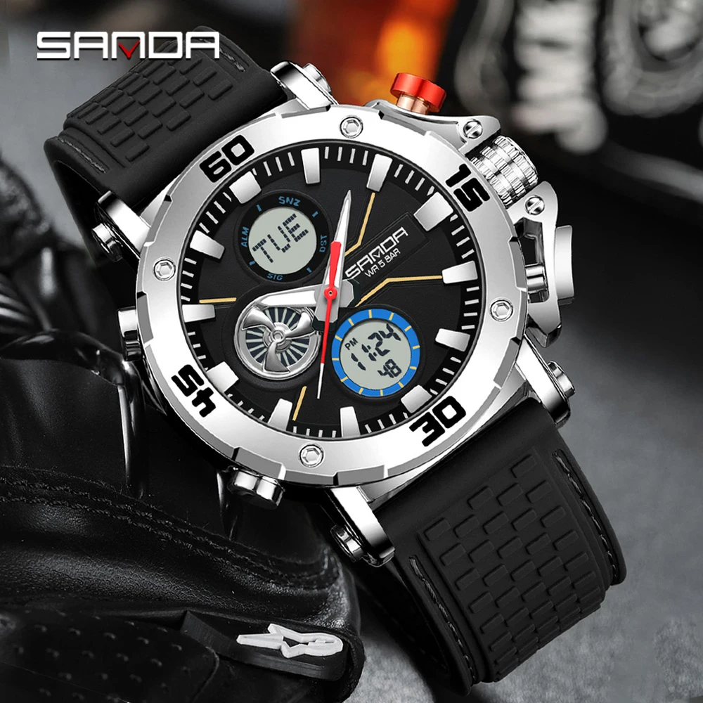 

Fashion SANDA New 3350 Men's Electronic Watch Outdoor Multifunctional Waterproof LED Dual Display Men's Electronic Watch