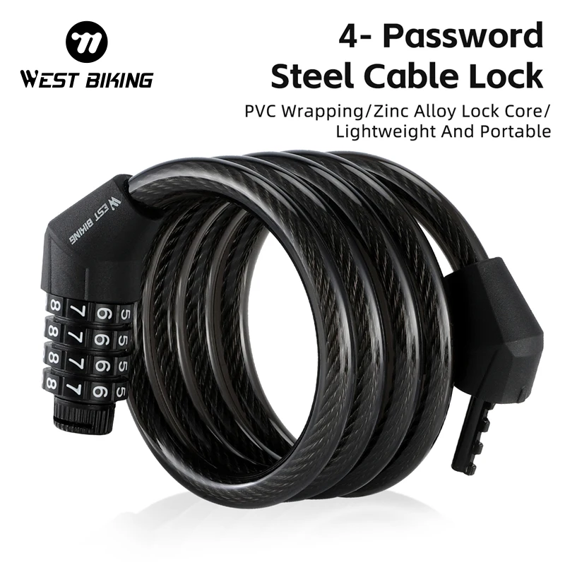 

WEST BIKING Bicycle Lock Steel Cable Chain Security Password 4 Digit Lock Anti-Theft Safety Lock Scooter Mtb Bike Accessories