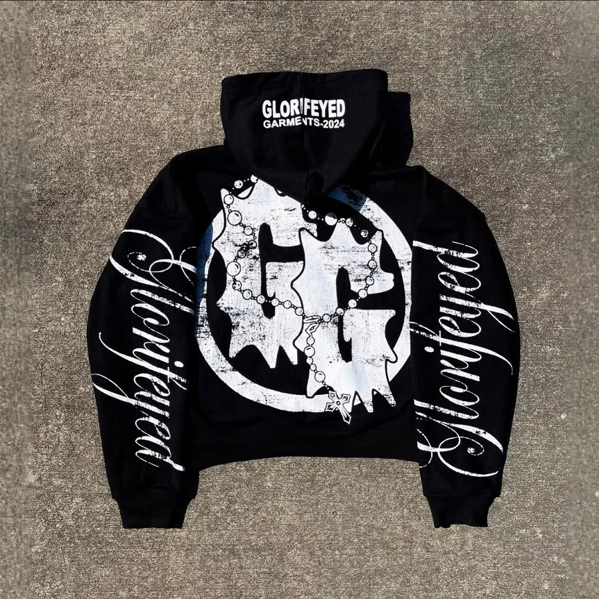 Gothic Brief Eisen Kette Gedruckt Hoodie Frauen Herbst Winter Lange Ärmeln Vintage Sweatshirt Y2K Hip Hop Dunkel Straße Frauen Mantel