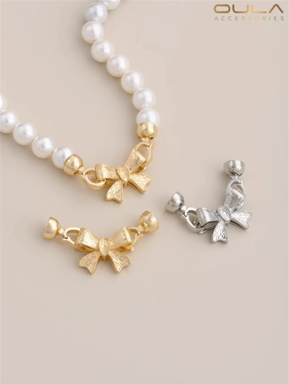 

14K Gold-Color Plated Color Bow Pearl Buckle Diy Hand Accessories Necklace Connecting Buckle Closing Button