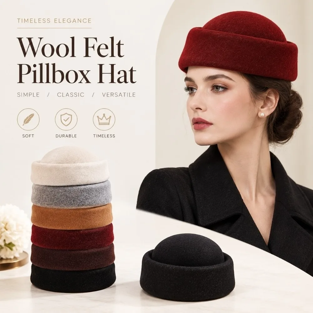 New Warm Insulation Dome Pillbox Hat Wool Soft Texture Round Top Hat Secure Fit Air Hostess Hat Daily Commuting