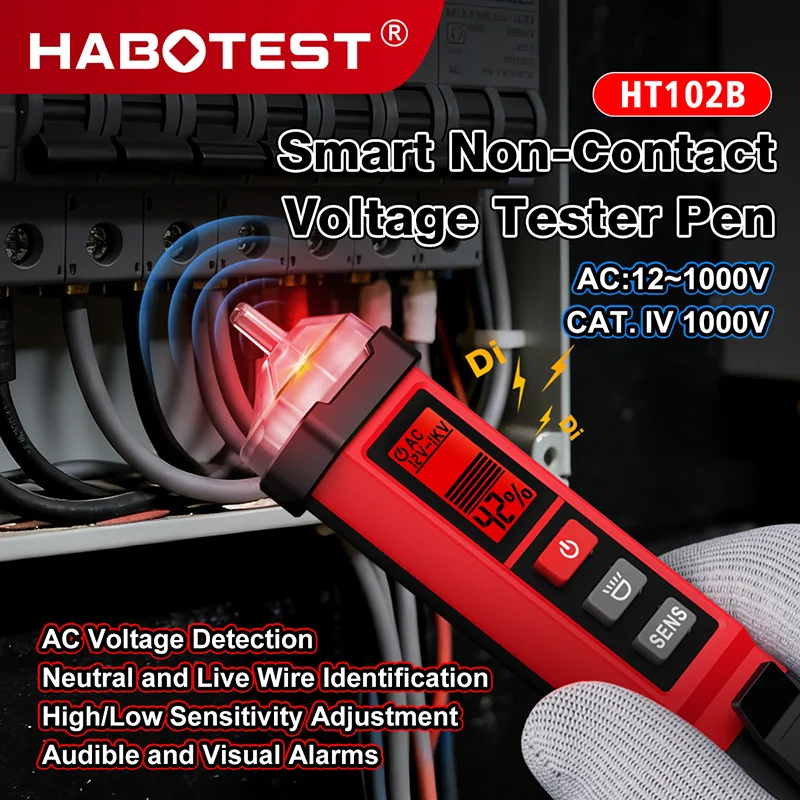 HT102B Non-contact AC Voltage Tester Pen 12-1000V Neutral/Live Detection Buzzer Alarm Portable Electrician Tool with Flashlight