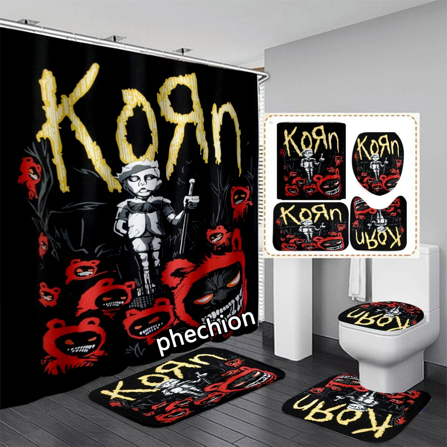 phechion Korn Band 3D Print Shower Curtain Waterproof Bathroom Curtain Anti-slip Bath Mat Set Toilet Rugs VR340