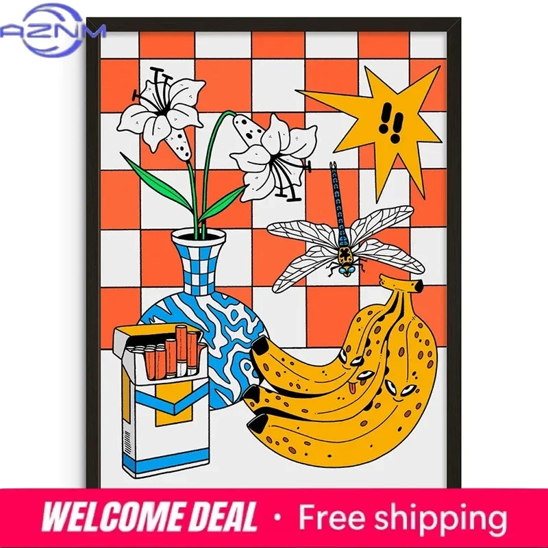 

AZNM Playful Retro Still Life Art Print Canvas, Cartoon Banana Lily Dragonfly Illustration Wall Decor, Bold Orange White Checker