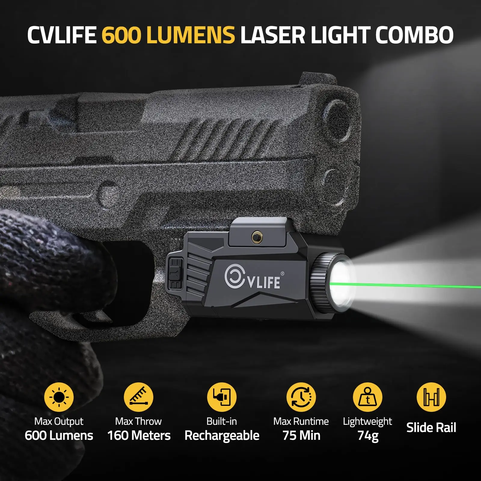 600 Lumens Rechargeable Slide Rail Light Green Light Combo Compatible with Picatinny Rail for Lighting