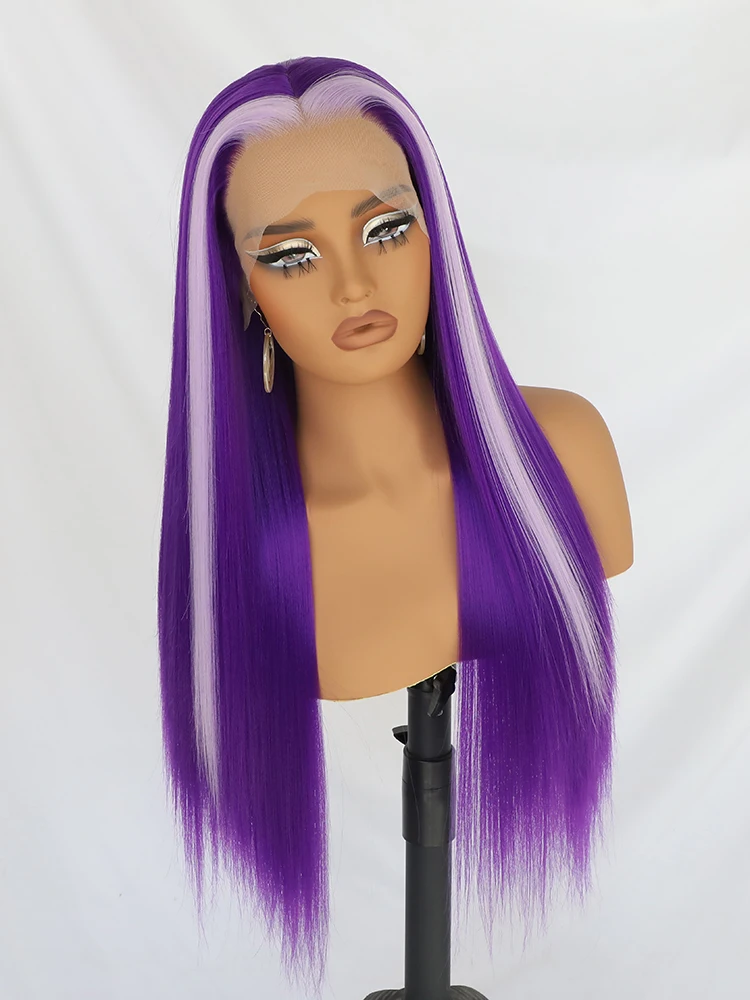 13*3 Purple Synthetic Lace Front Wigs Heat Resistant Fiber Hair Long Straight Hair Wigs Skunk Stripe Light Purple Highlights