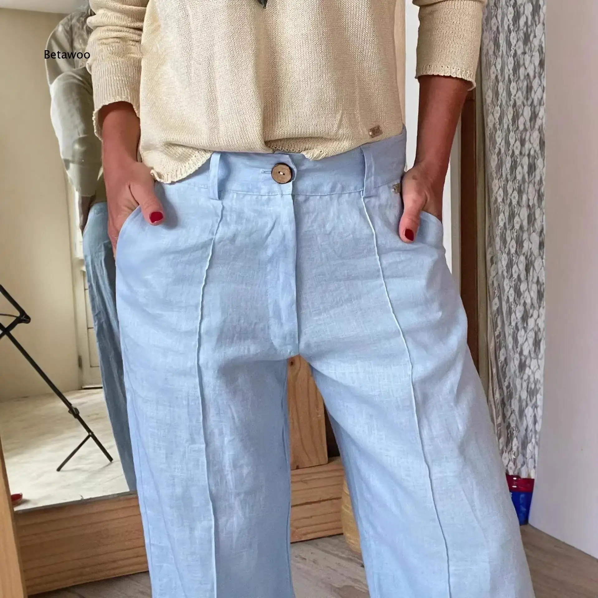 Women High Waist Button Fly Wide Leg Pants Front Seam Loose Straight Fit Casual Long Trousers with Pockets
