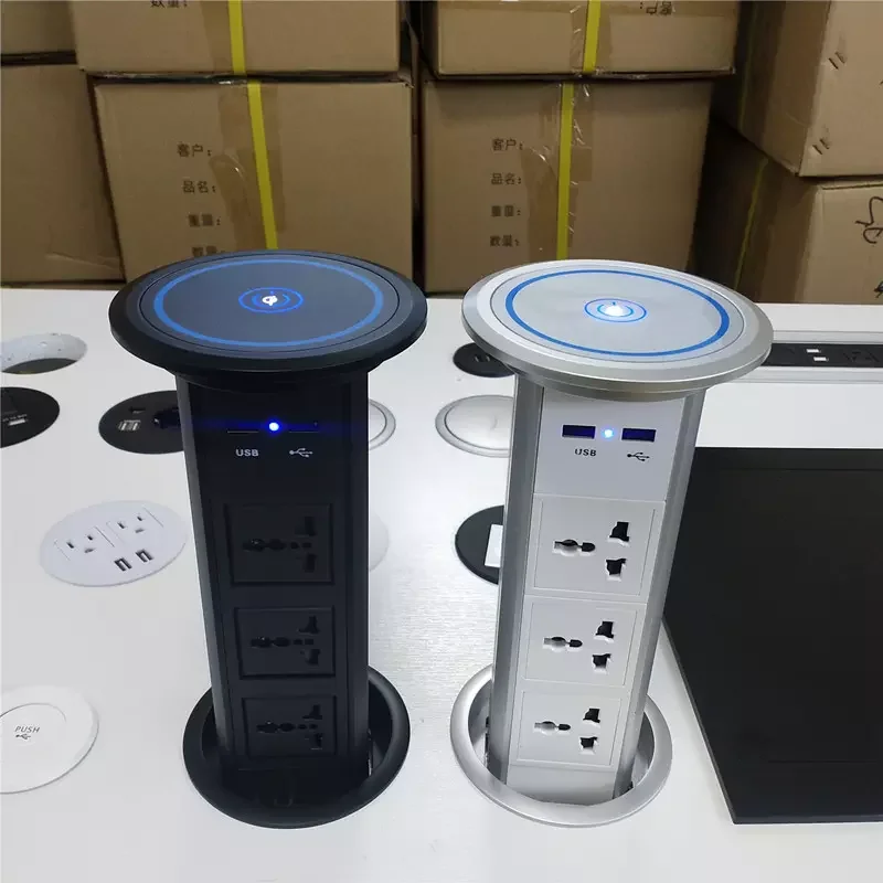 

100mm Hidden Kitchen Counter Manual Pull Pop up Power Outlet Tower USB LED Socket Tabletop wireless charging socket