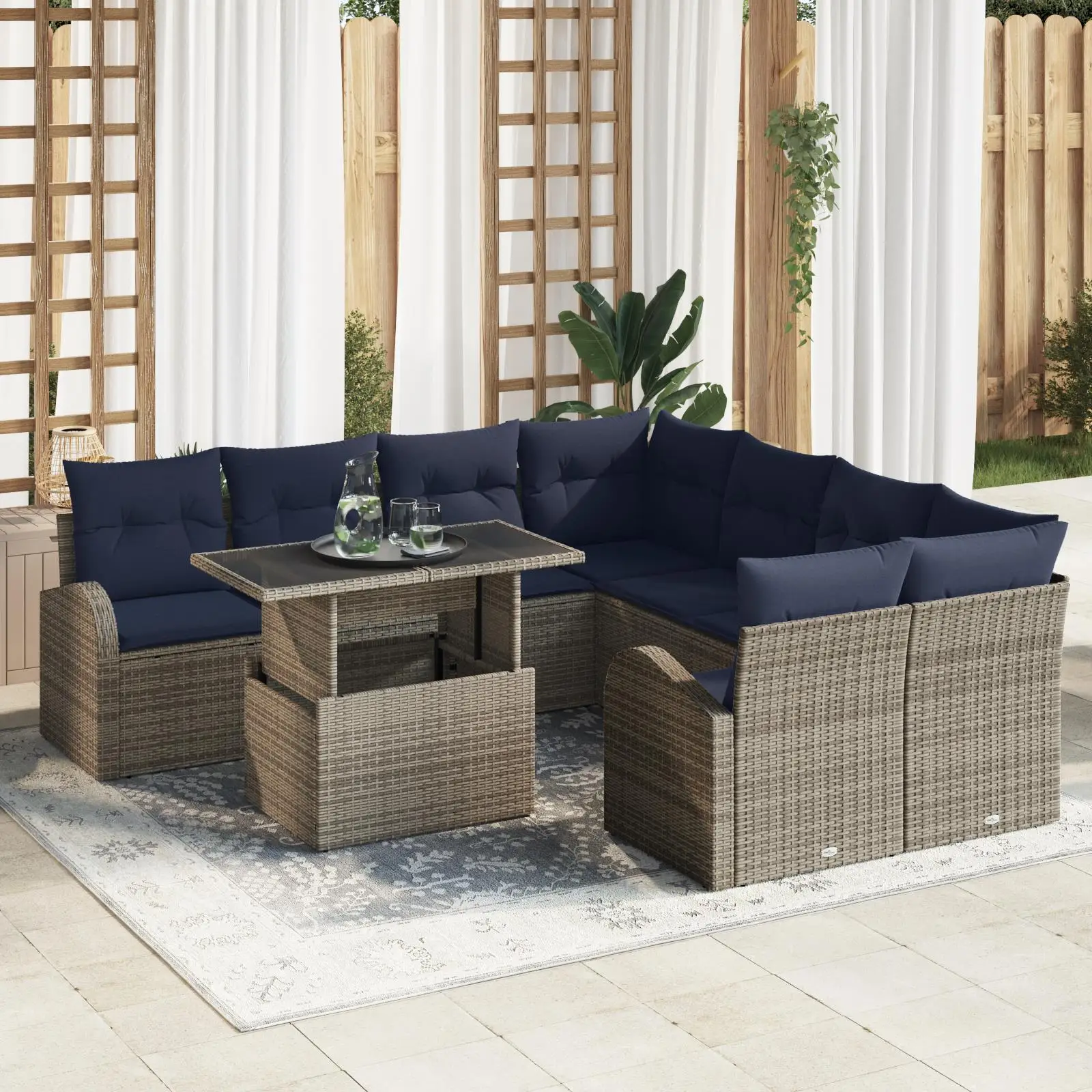 

9 Piece Outdoor Garden Sofa Set with Cushions Grey Rattan Furniture Modern Patio Living Room Decor