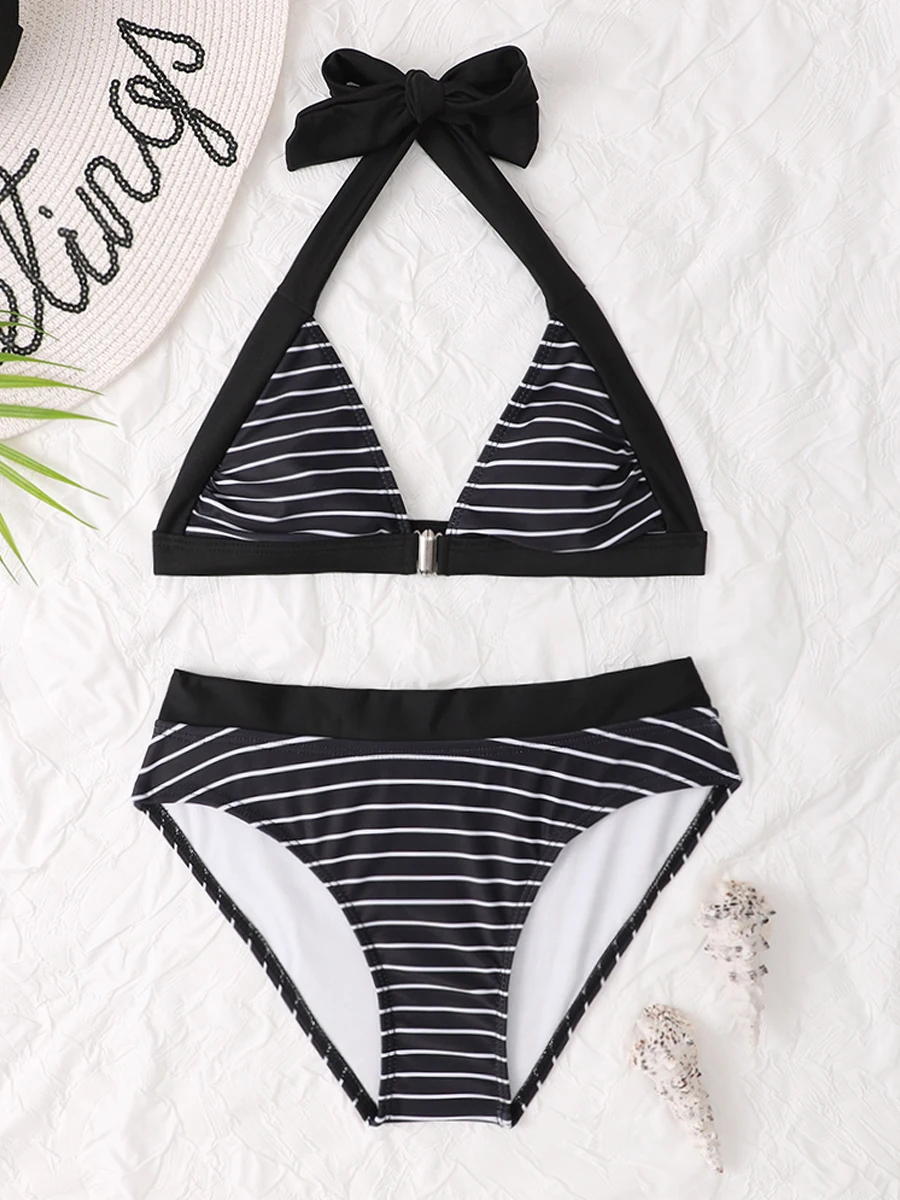 Halter Bikinis 2023 Women Striped Swimwear High Waist Swimsuit Female Push Up Beachwear Summer Tie Back Bathing Suit Swimming