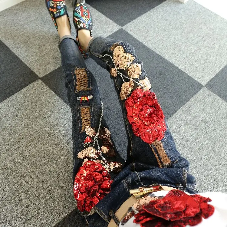

Женские корейские модные узкие джинсы Haroun с блестками и цветочной вышивкой, женские сексуальные джинсы Haroun, брюки