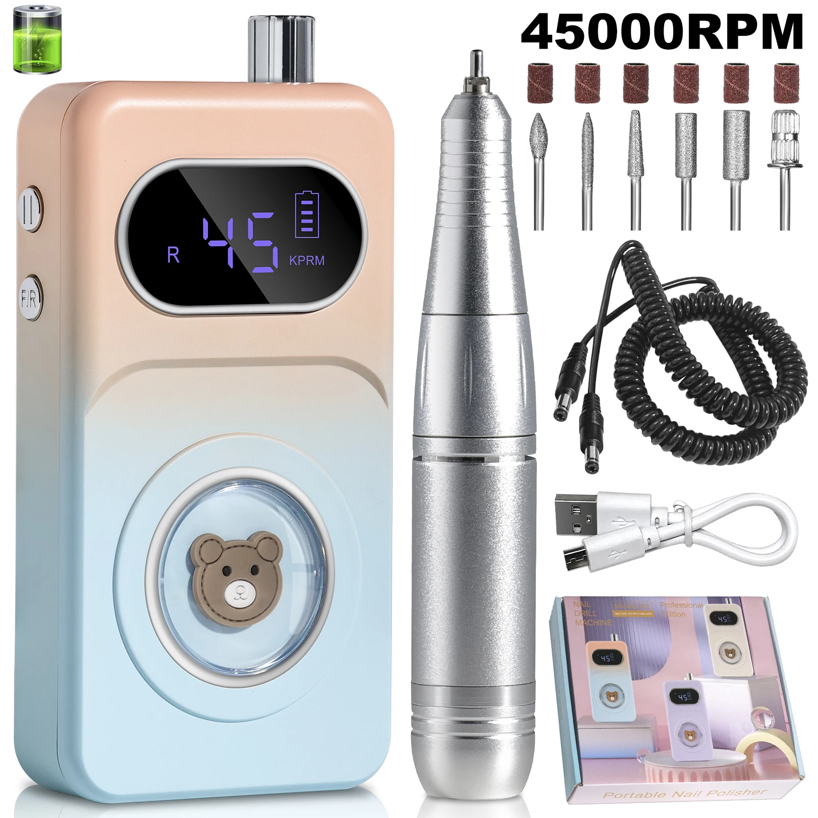 45000 دورة في الدقيقة قابلة للشحن مسمار الحفر منخفضة الضوضاء جيل للأظافر آلة تلميع ملف الأظافر الكهربائية معدات طاحونة الأظافر المهنية