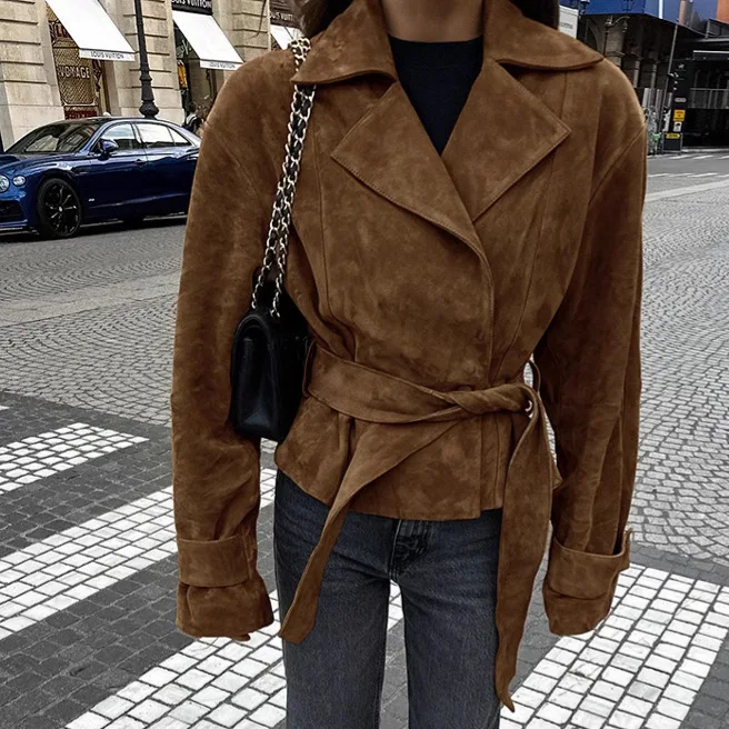 

French Style Suede Casual Trench Coats with Sashes 2025 Fall Winter Women Notched Collar Long Sleeve Double Breasted Jackets Top
