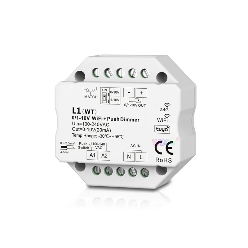 

WiFi RF Push Dimmer 1CH Tuya APP/Voice control/RF dimming/Push Dim/0-10V dimmable driver DIP Switch For Single Color LED Strip