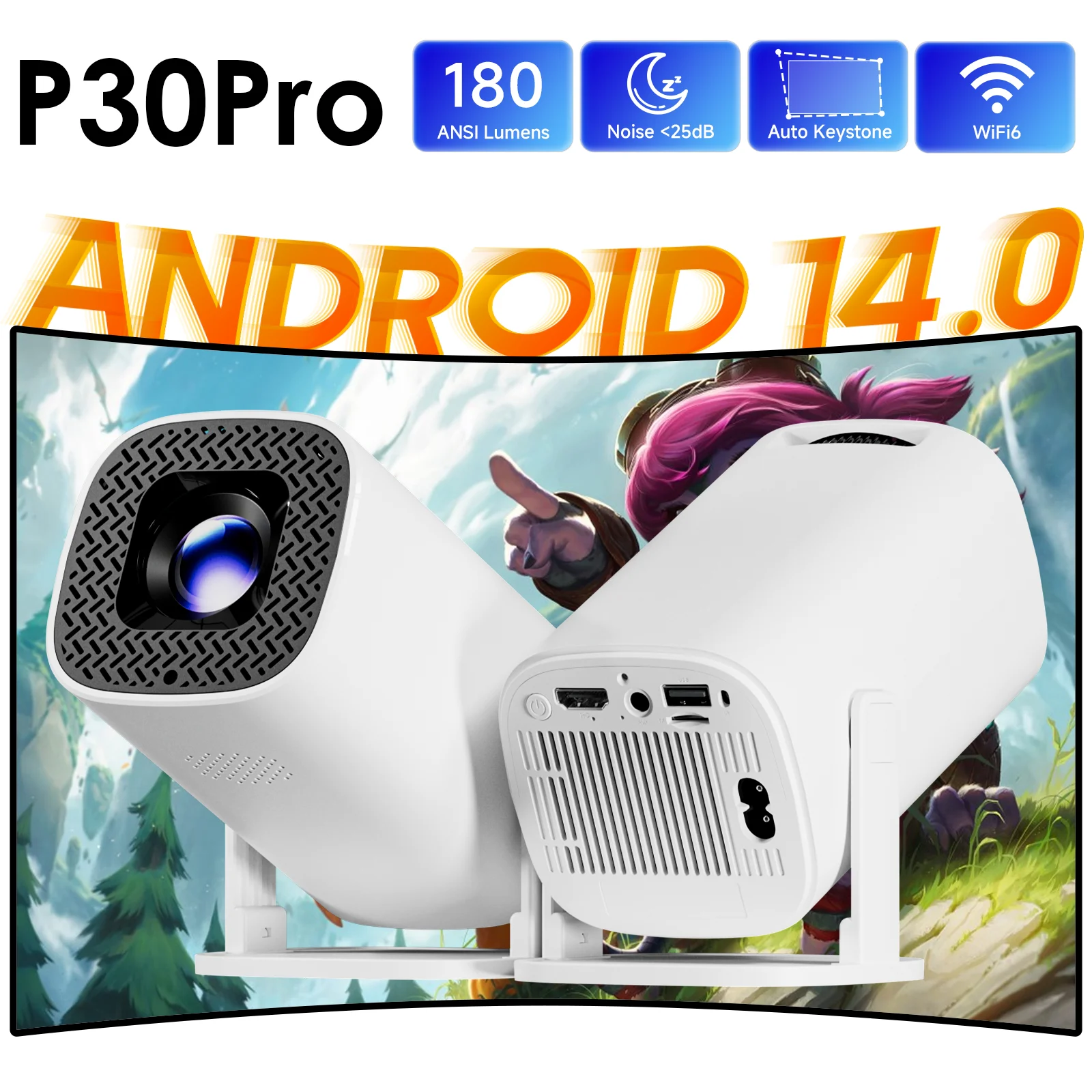 

P30PRO Smart Mini Projector Android 14 WiFi6 BT 5.0 Support 4K 1280*720P Smart Home Cinema Outdoor Portable Projector