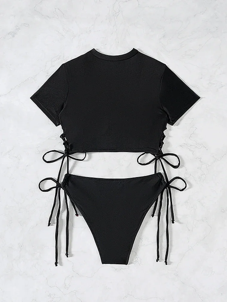 2025 New 2 Piece Swimsuit for Women Solid Color Sexy Drawstring Short Sleeve Bikini Set Beach Vacation Bathing Suit Swimwear