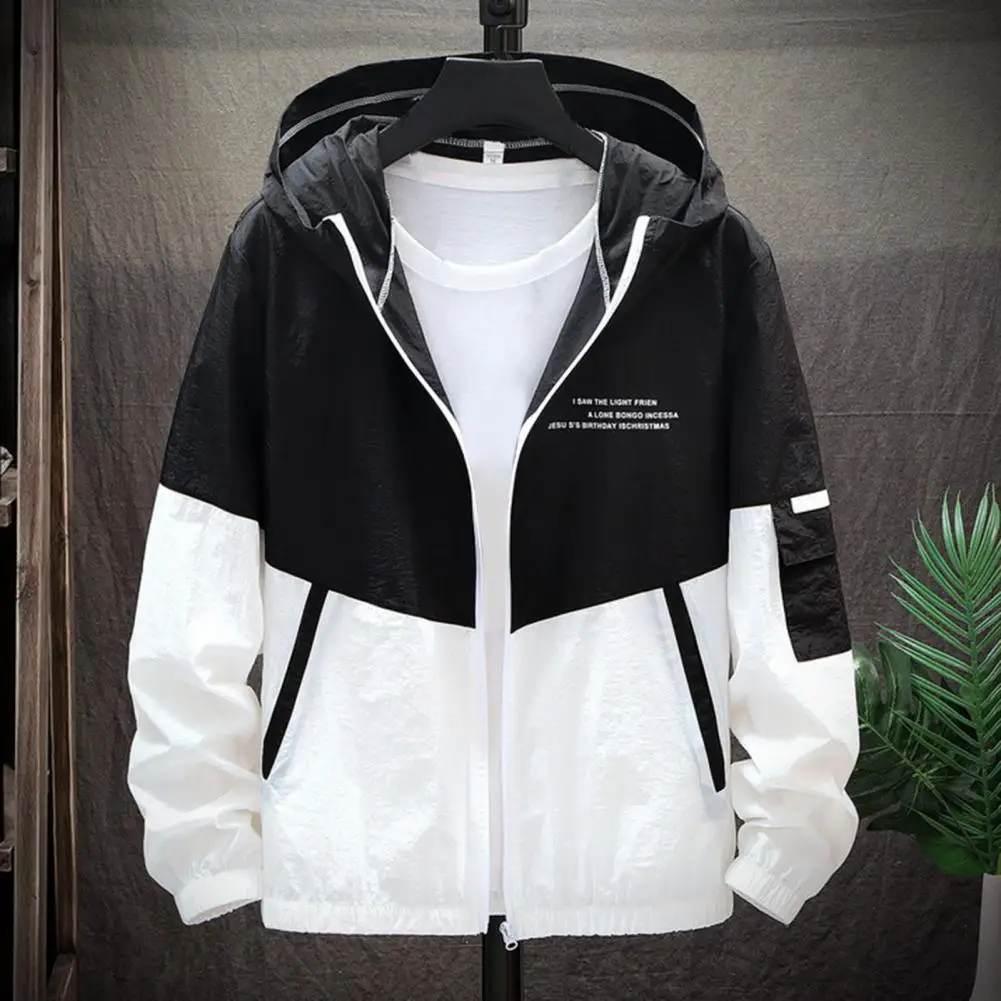 Double-Side Sport Jacket Men Colorblock Patchwork Hooded Zipper Spring Autumn Coat Casual Jacket Sweatshirt Vintage Outwear