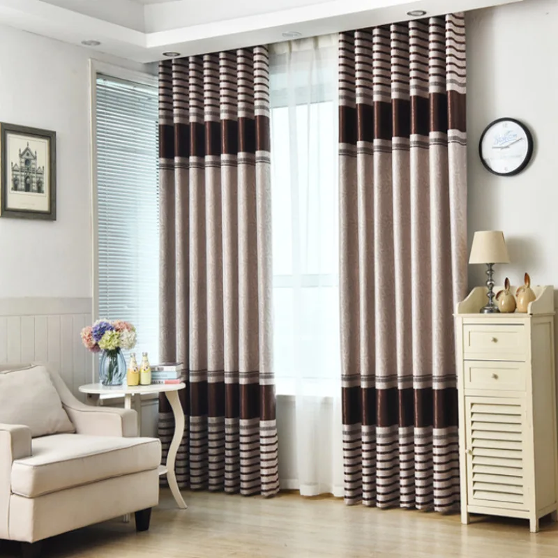 Modern Striped Jacquard Blackout Curtains, Customized Height, Thickening Shading, Living Room, Bedroom