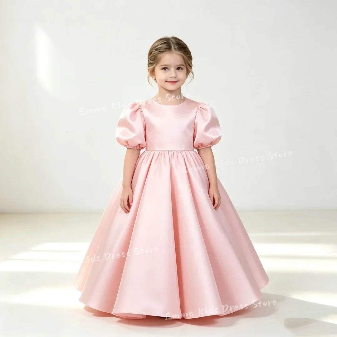 Girls' Pink Satin Puff Sleeve Princess Flower Girl Dress Suitable for and Parties, Weddings Children's Model Pageants, and Forma