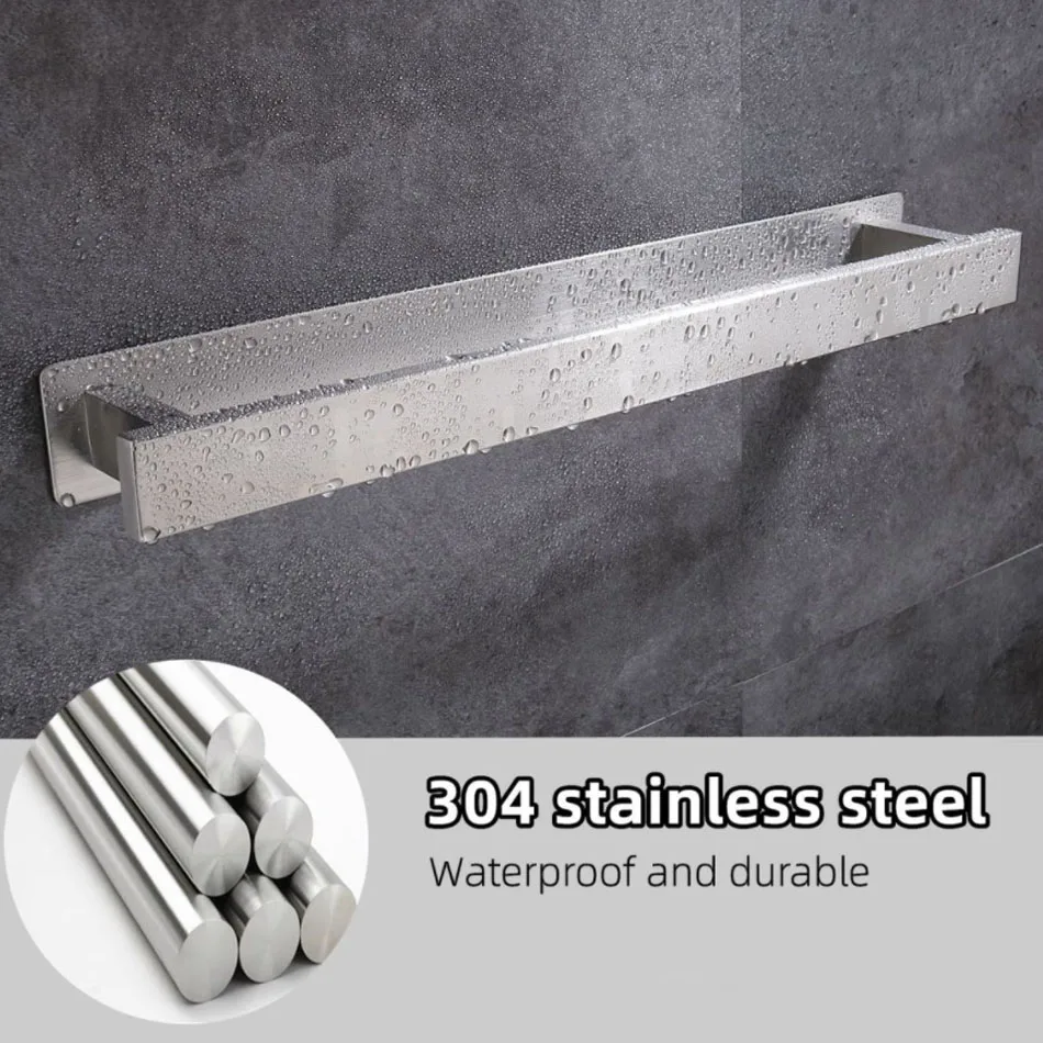 304 Stainless Steel Towel Bar Adhesive Free Punching Wall Mounted Brushed Kitchen Bathroom Towel Rack Shelf Bar Bathtowel Hanger