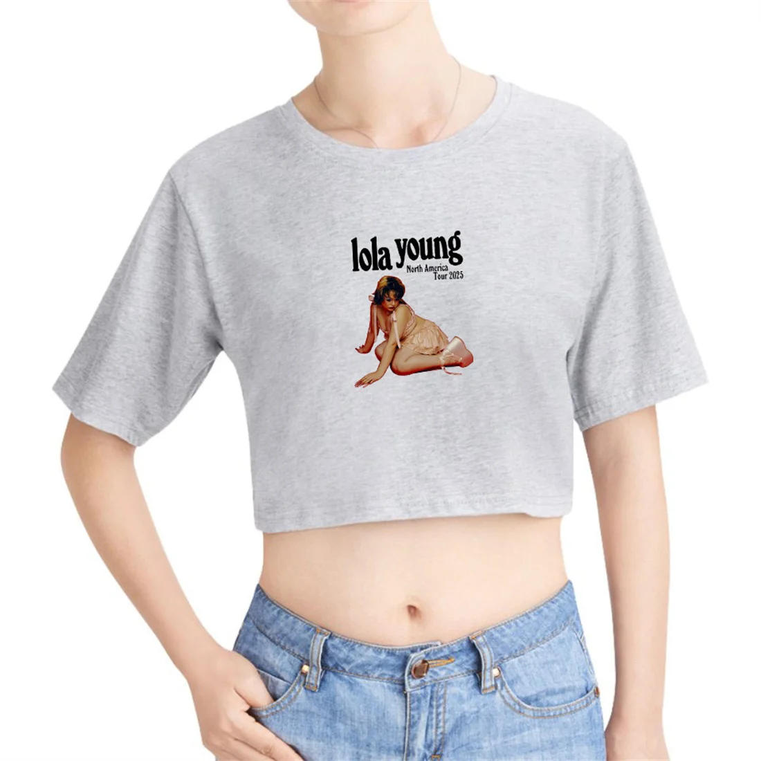 لولا يونغ 2025 جولة المرأة قصيرة المحملة عادية موضة قصيرة الأكمام فريد البلوز مضحك المحاصيل الأعلى الهيب هوب مكشوف السرة تي شيرت #6