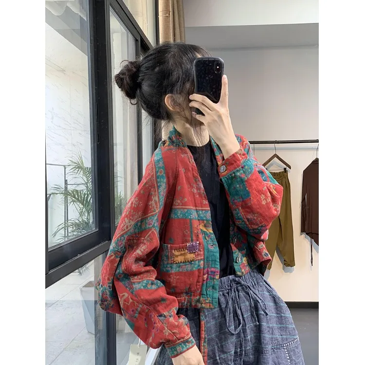 Thickened Short Cotton Jacket Women's Cotton Clothes Floral Print Linen Mixed Cotton Outerwear Winter Fashion Ethnic Style