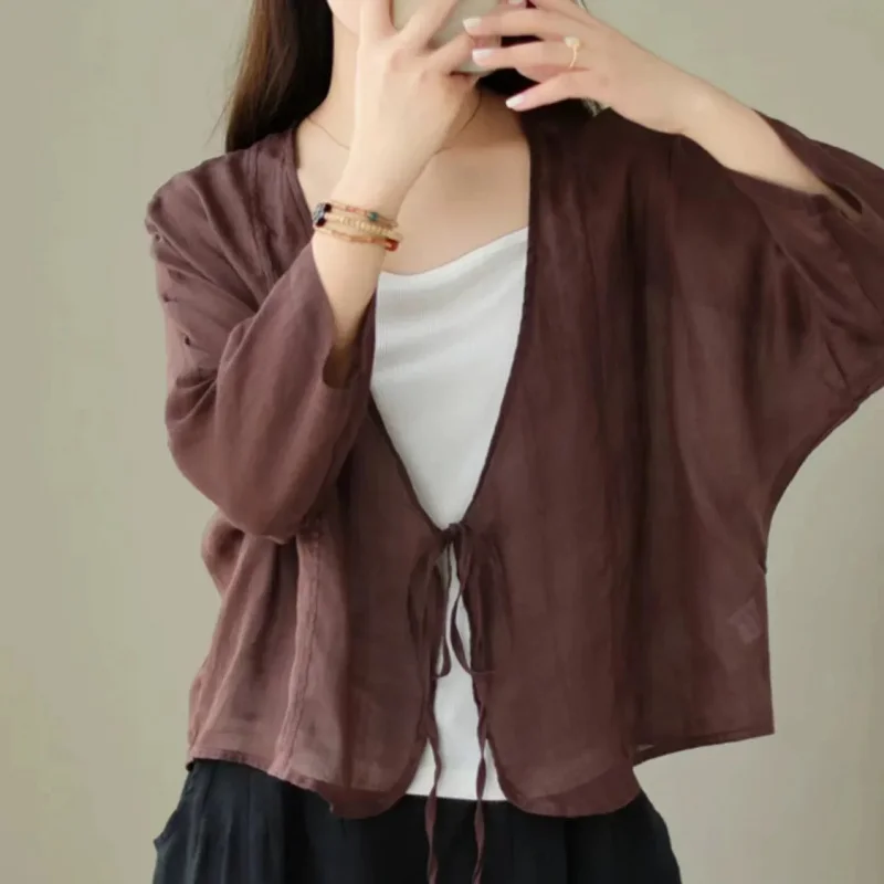 Chinese Style Cotton Linen Long Sve V-Ne Tie Waist Open Shirt ort Outerwear Women's Summer Sunscreen Cardigan Daily Shawl