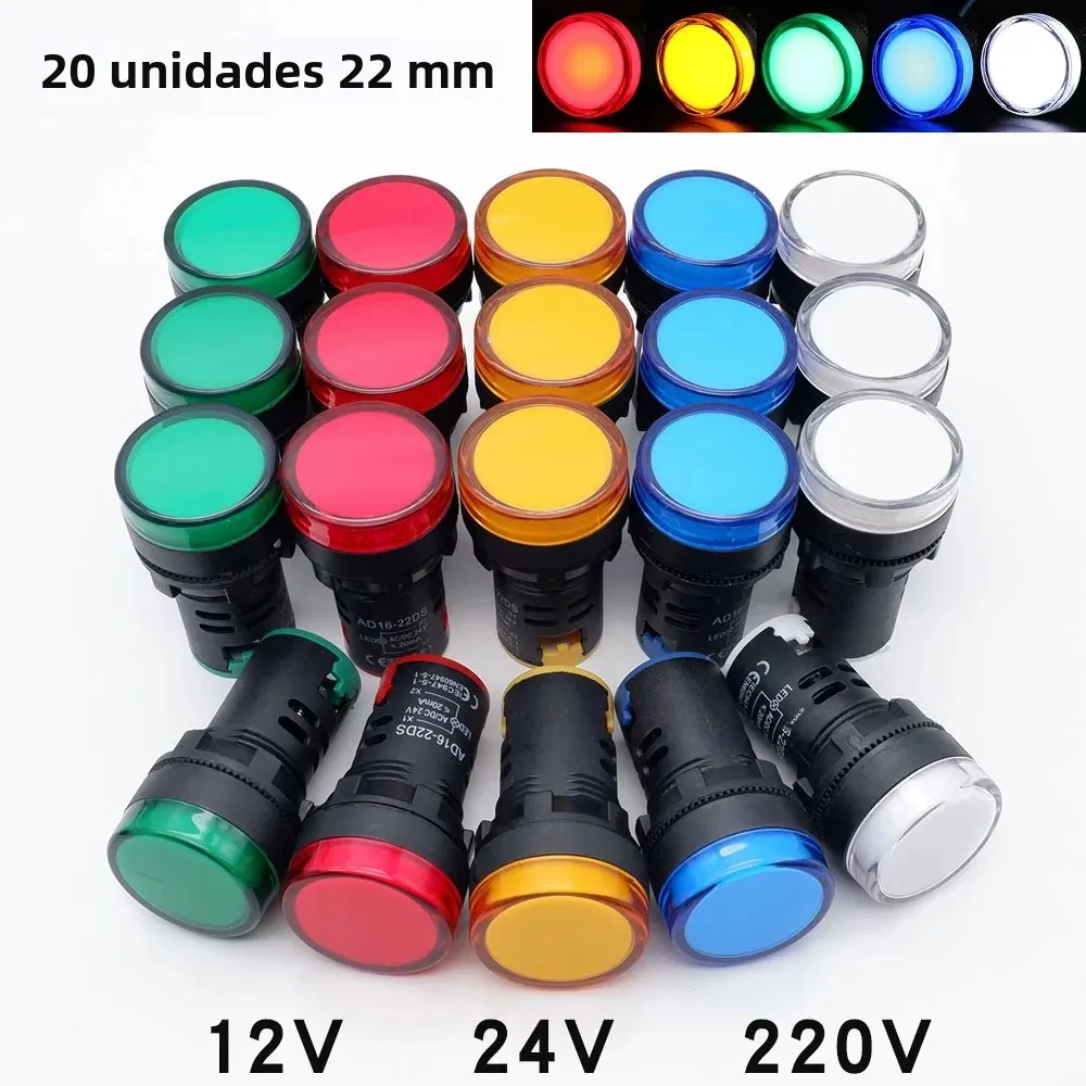 20 peças lâmpada de sinal indicador de plástico AD16-22DS 22mm 12v 24v 220v vermelho azul verde amarelo branco led luz de sinal de alimentação montagem em painel