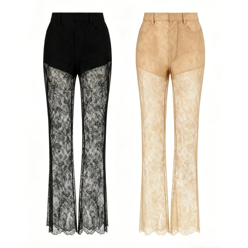 

2026 Spring/Summer New High-Quality Lace Hollow-Out Sexy Flared Pants Fashionable Mid-Waist Semi-Sheer Women's FloorLength Pants