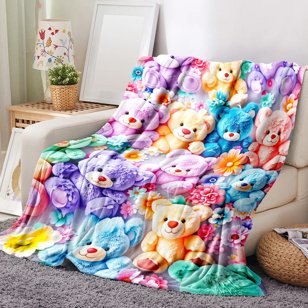 1PC colorful Teddy Bear Print Blanket-Made of Soft, Fluffy Flannel, Perfect for a Cozy Bed or Sofa. Ideal for Home Decor, Christ