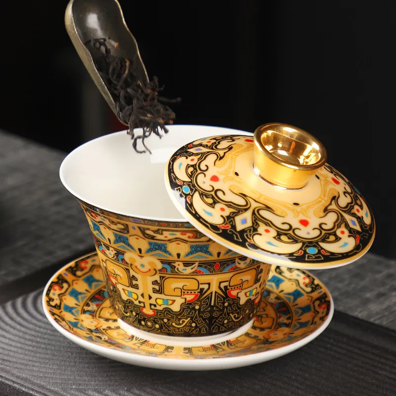 China-Chic Three Parts Cover Bowl Rotating Hover Chinese Kung Fu Tea Set Tallow Jade Porcelain Thangka Tea Bowl Exquisite Gift