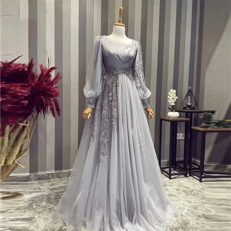 O-Neck Appliques Grey Women\'s Prom Dresses Plus Size Custom Organza A-Line Dress Long Sleeve Floor Length Gowns for Party