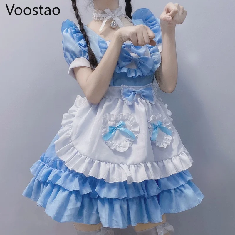 Japanese Kawaii Lolita Dress Girls Sweet Cream Sweetheart Maid Cosplay Blue Mini Dresses Women Vintage Cute Bow Ruffles Outfit