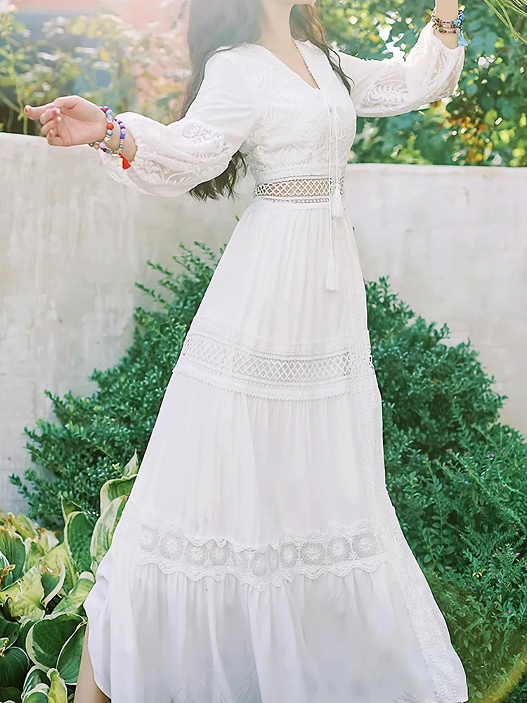 Summer Women Long Dress Vintage White Boho Lace Dresses Female Hollow Out Dress Ladies Elegant Loose Beach Holiday Vestidos