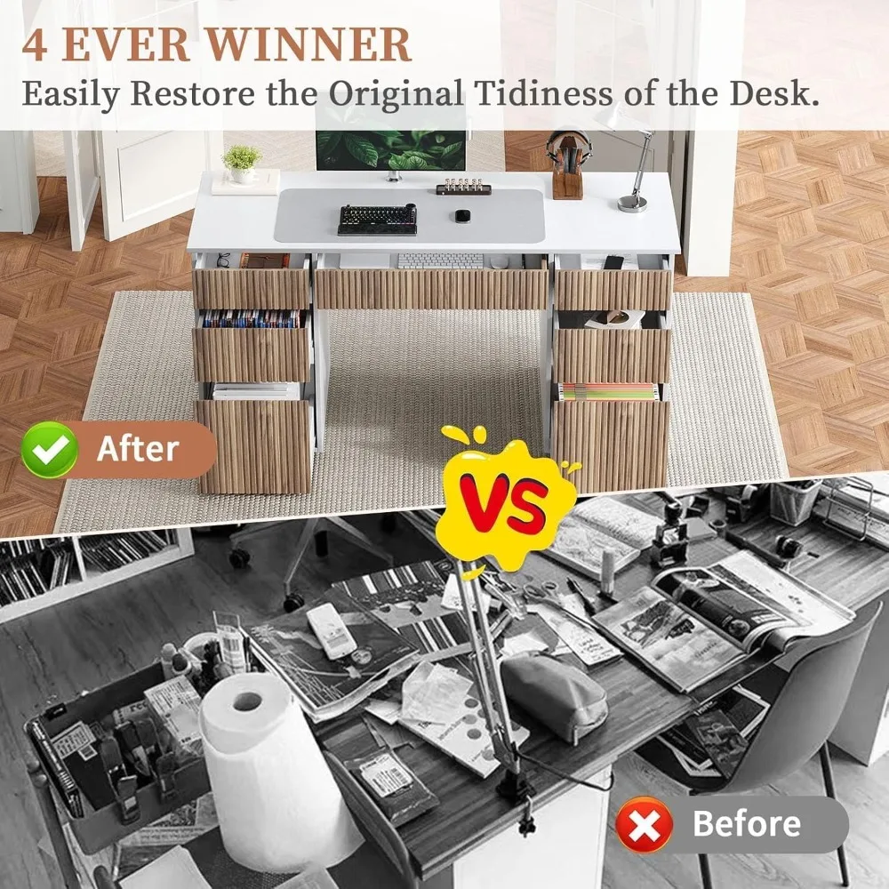 مكتب أبيض مقاس 58 بوصة مع 7 أدراج تخزين، ومكتب مكتب منزلي يتميز بخزانة ملفات تنفيذية