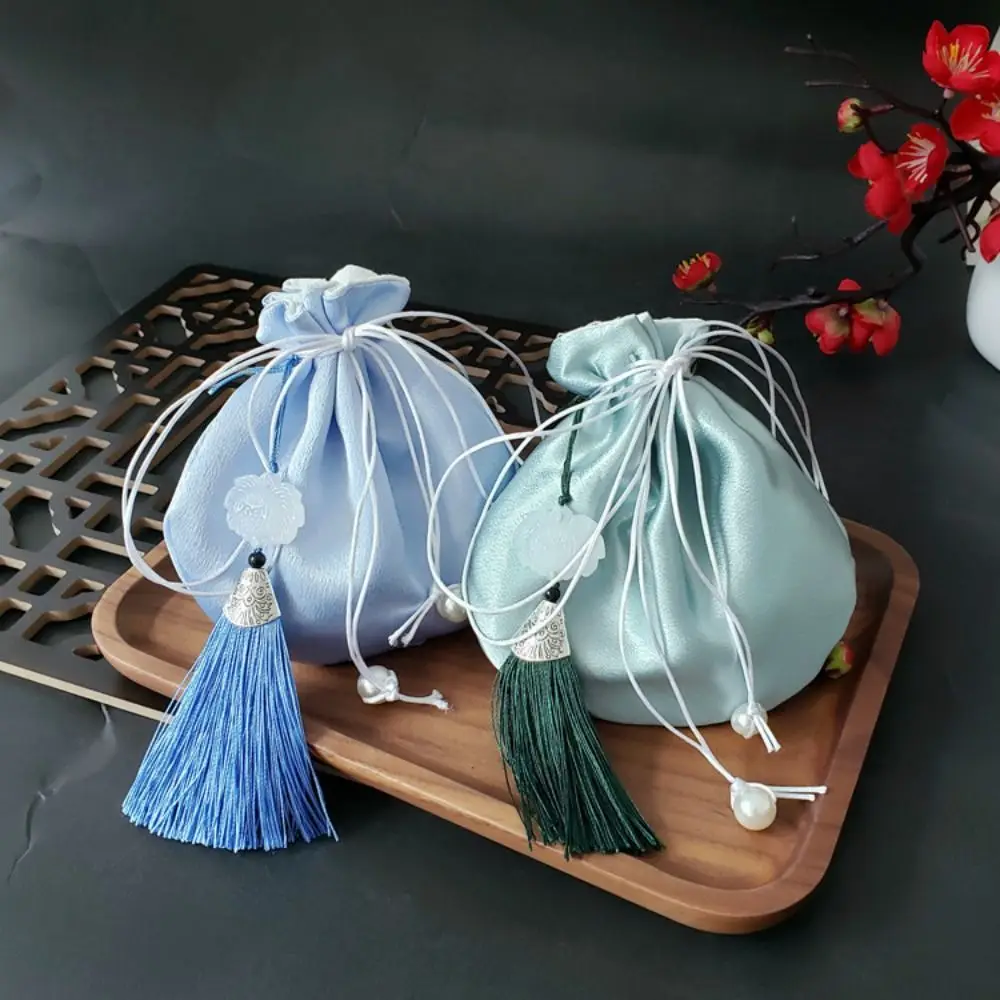 Pure Color Hanfu Tassel Drawstring Bag Flower Pendant Mini Coin Purse Canvas Ethnic Handbag Pearl Beaded Storage Bag