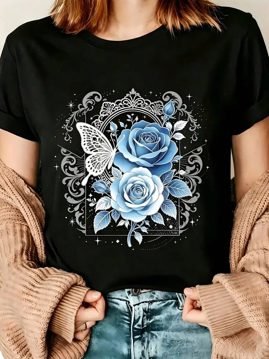 Vintage Floral Butterfly Blue Rose Gothic Graphic Print Women Short Sleeve T‑Shirt Crew Neck Casual Spring Summer Versatile Gift For Her Ladies Top