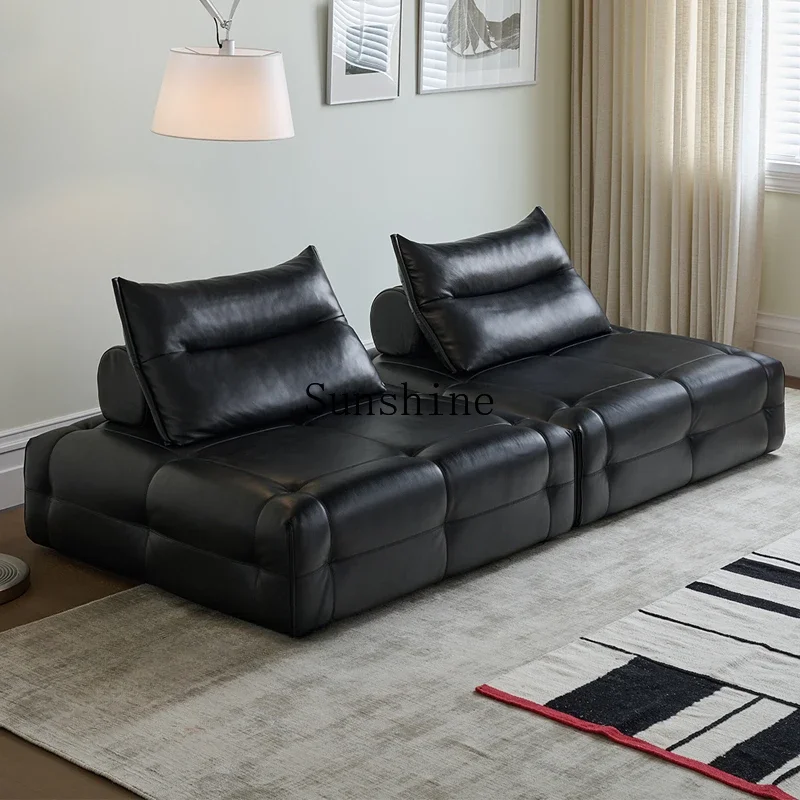 Retro all-leather sofa small apartment movable module combination black square sofa