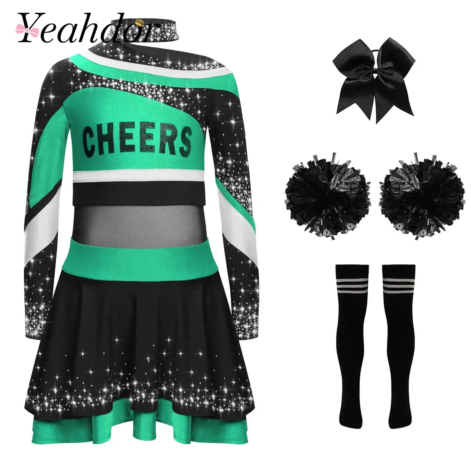 Kids Cheer Dance Suits Girls Cheerleading Outfits Long Sleeve Letter Print Shiny Rhinestones Color Block Cheerleader Costumes