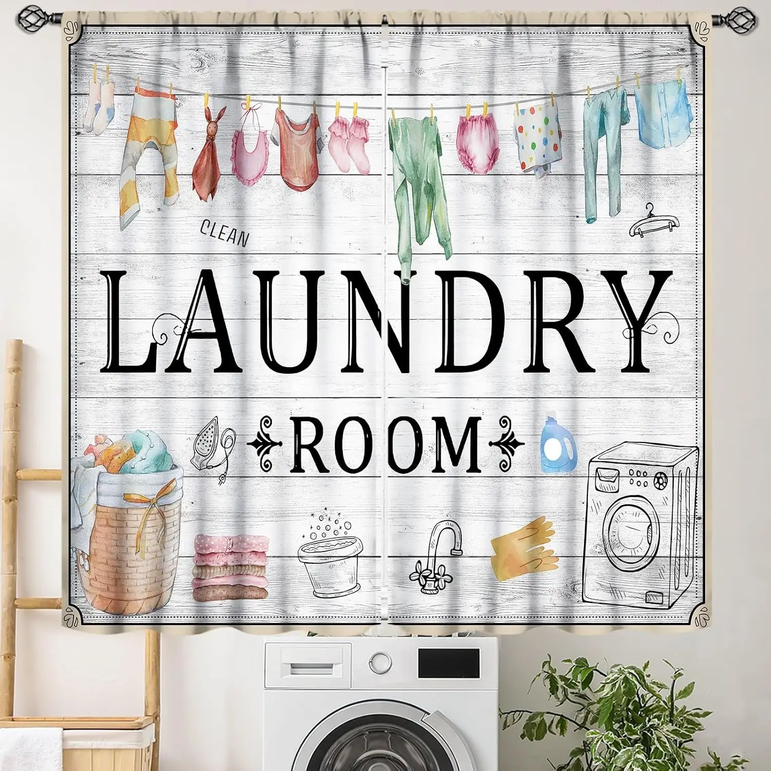 Laundry Room Curtains for Windows,Vintage Farmhouse Rustic Watercolor Hanging Clothes Laundry Drapes for Country Bedroom Living