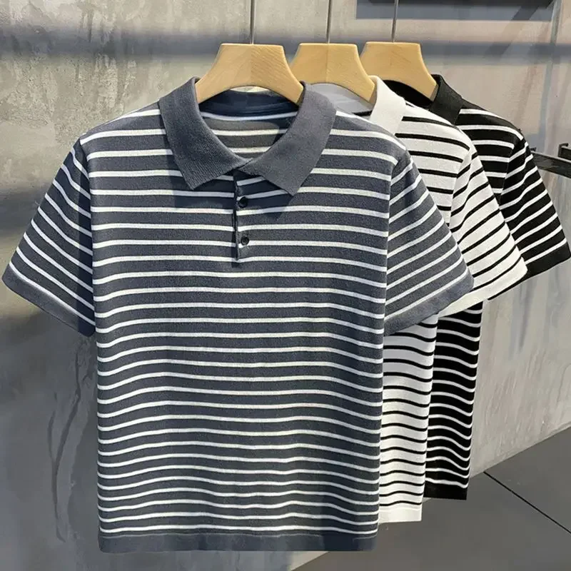 Lapel Trend Breathable Short-sleeved T-shirt Male Casual Versatile Slim Top Retro Black White Striped Men Knitted Polo Shirt