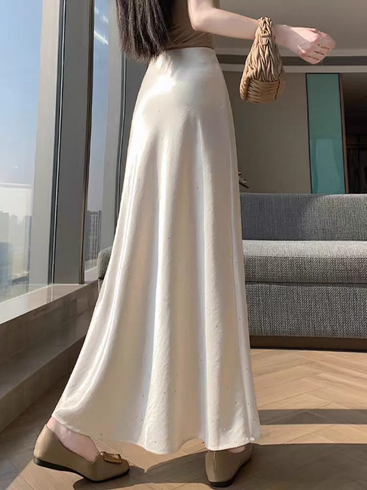 2026 Summer New Acetate Satin Rhinestone Mermaid Midi Skirt - Elastic Waist Draped Elegant Women's Skirts