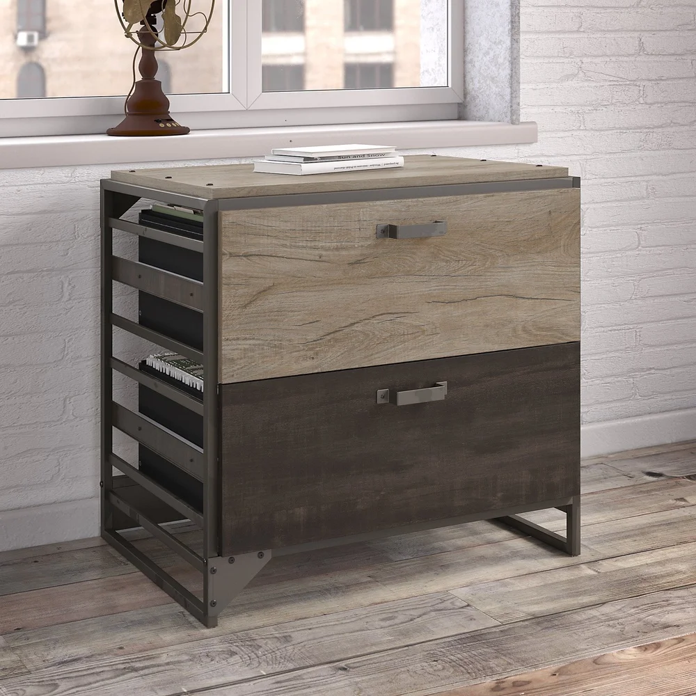 Industrial Lateral File Cabinet Rustic Gray Durable Metal Frame Full-Extension Drawers Letter Legal Storage Home Office Loft