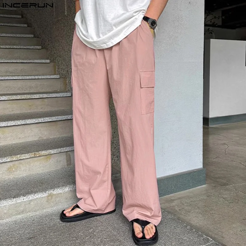 

INCERUN 2024 Korean Style Trousers New Men Pockets Elastic Waistband Pantalons Casual Simple Solid Straight Leg Long Pants S-5XL