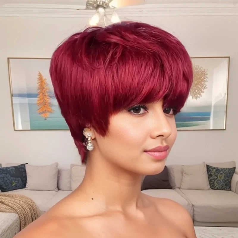 باروكات مموجة مستقيمة الطبقات مصنوعة آليًا بالكامل، شعر بشري قصير بورجوندي