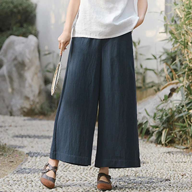 Women Casual Wide Leg Pants New Arrival 2026 Summer Vintage Style Solid Color Loose Comfortable Female Ankle-length Pants M2663