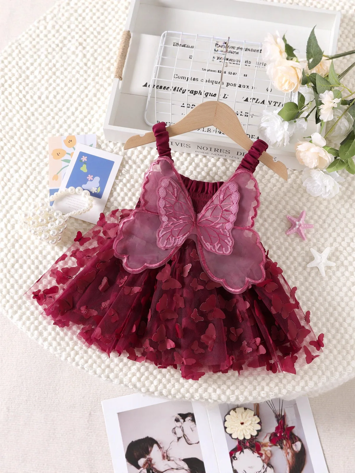 

2026 Summer Fairy Style Children Dress Burgundy Girls Butterfly Wing Petal Tulle Dress Lightweight Ball Gown